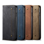 Plånboksfodral i läder med vintage-motiv och jeansmönster till OnePlus 8 Pro