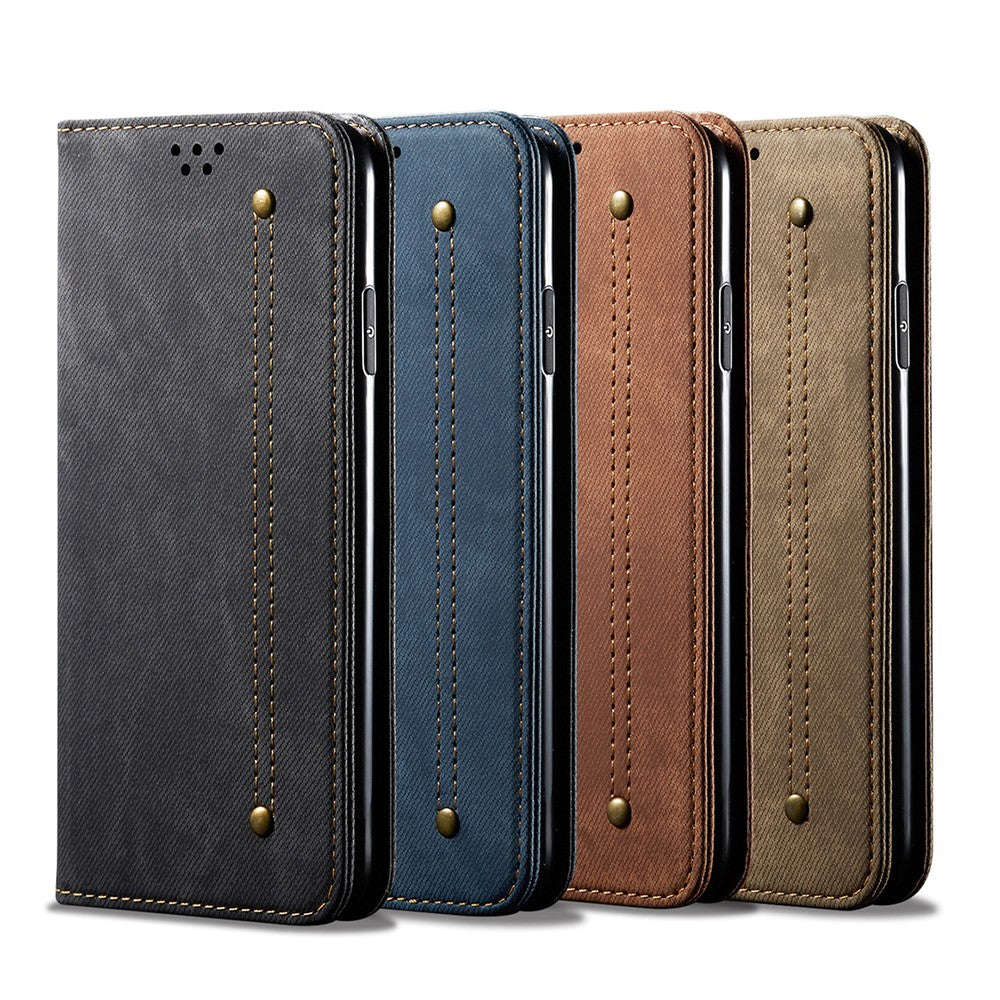 Plånboksfodral i läder med vintage-motiv och jeansmönster till OnePlus 8 Pro