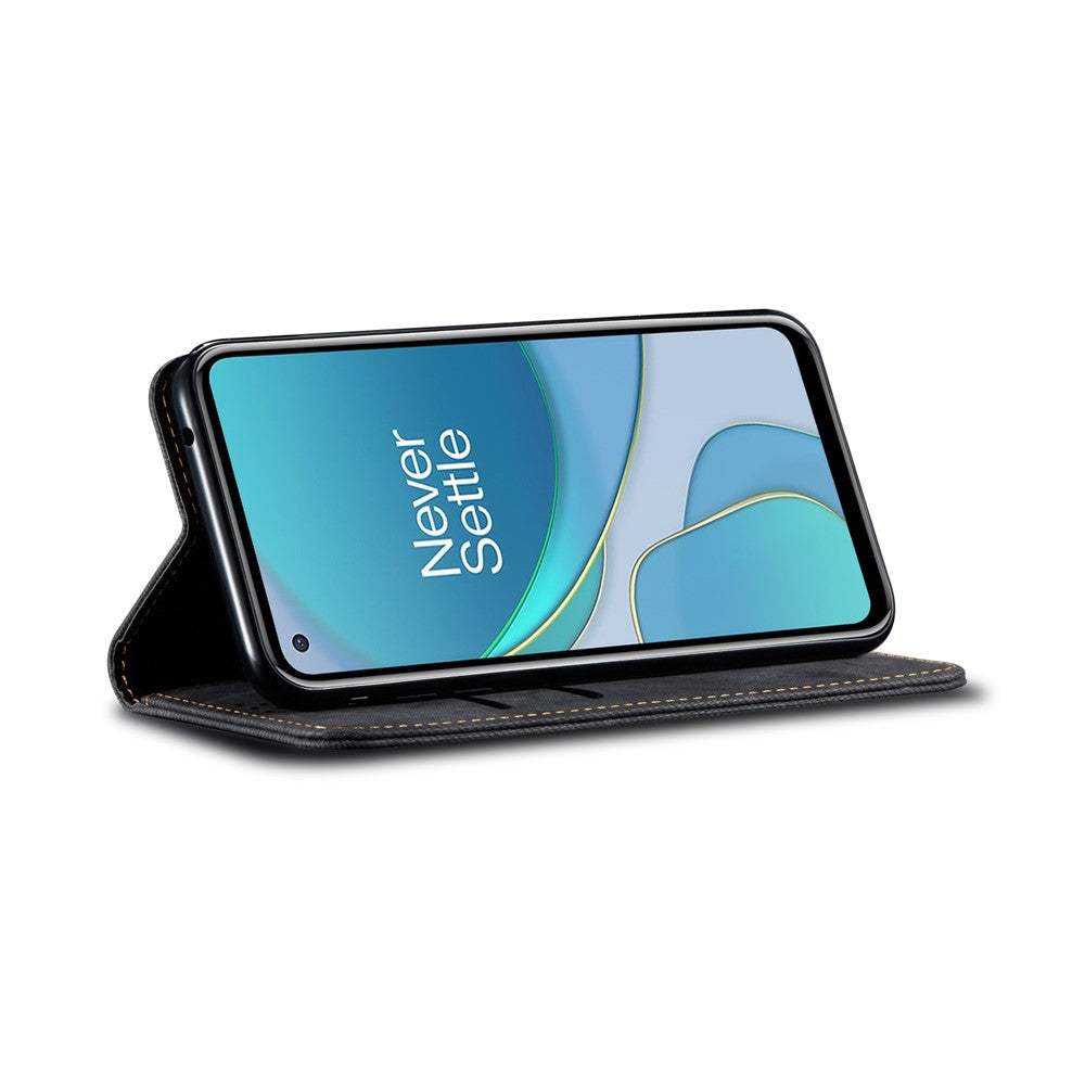 Plånboksfodral i läder med vintage-stil och tygtextur för OnePlus 8T