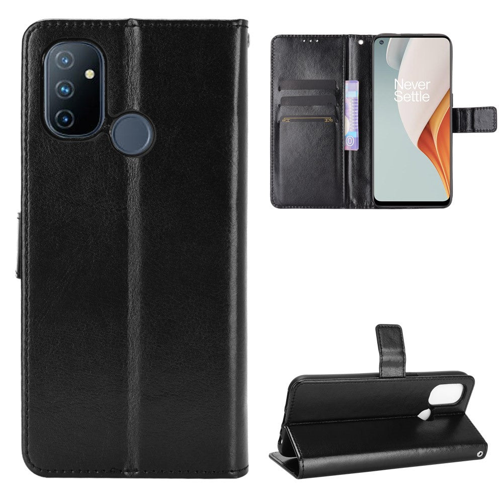Crazy Horse Wallet Stand Leather Shell with Strap for OnePlus Nord N100 Cell Phone Accessory