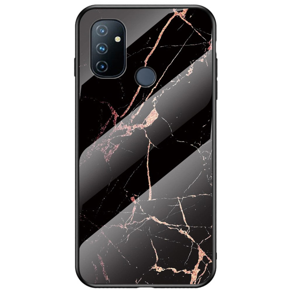 Stylish Marble Pattern Shell for OnePlus Nord N100, Tempered Glass + PC Back Anti-Scratch Soft TPU Bumper Frame Phone Case