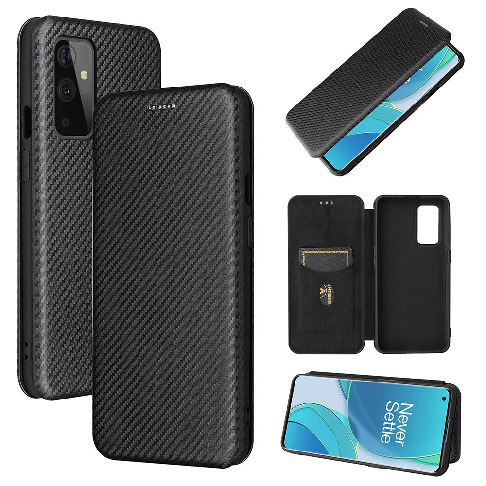 OnePlus 9 (EU/US-version) Magnetiskt sugande läderskal i kolfiber med korthållare