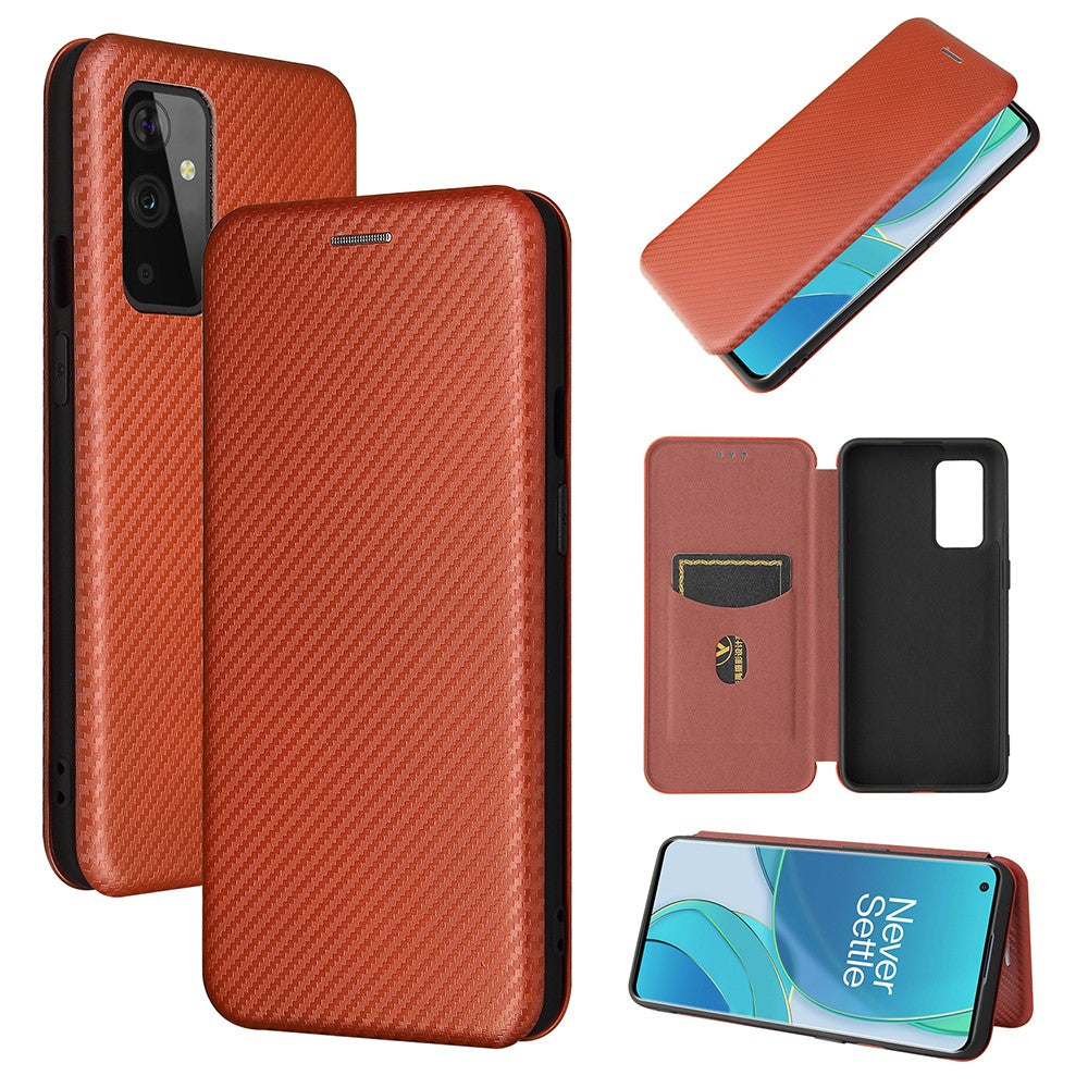 OnePlus 9 (EU/US-version) Magnetiskt sugande läderskal i kolfiber med korthållare
