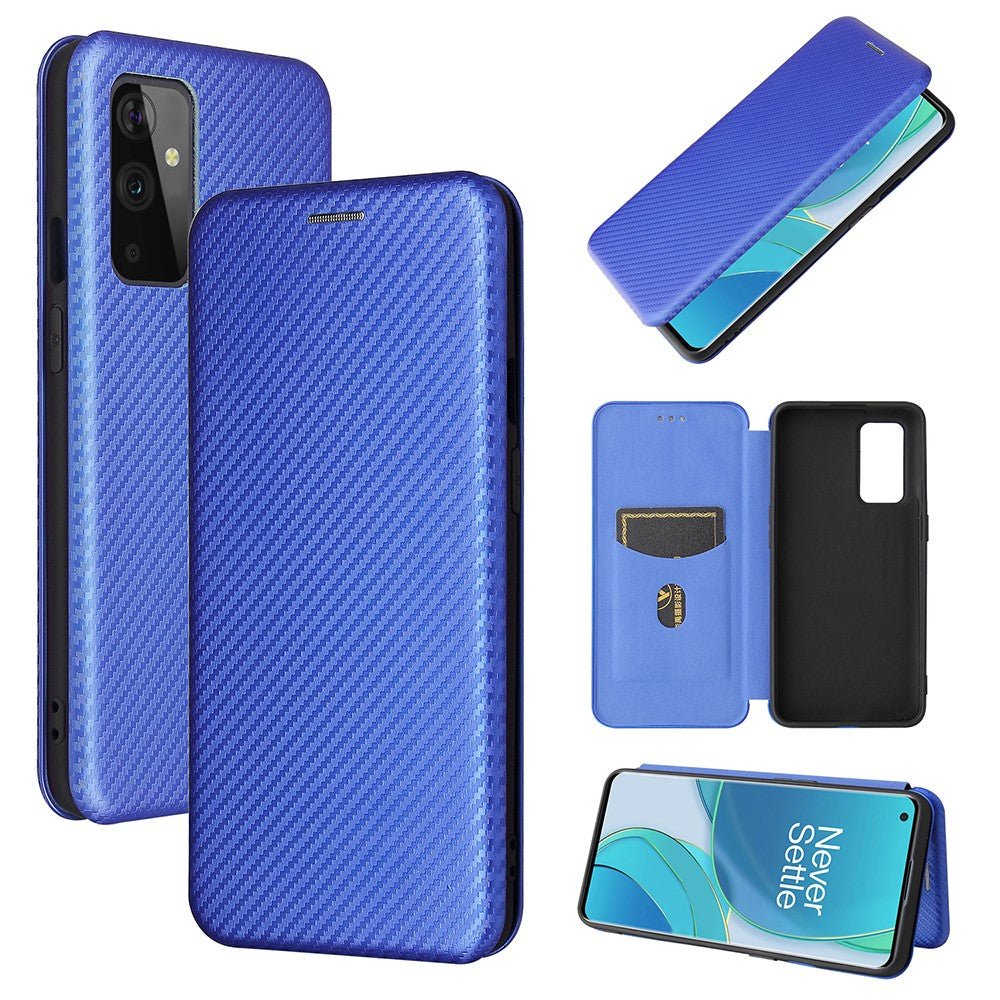 OnePlus 9 (EU/US-version) Magnetiskt sugande läderskal i kolfiber med korthållare