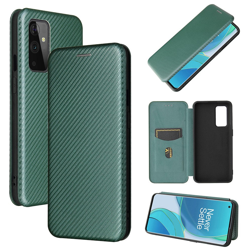 OnePlus 9 (EU/US-version) Magnetiskt sugande läderskal i kolfiber med korthållare