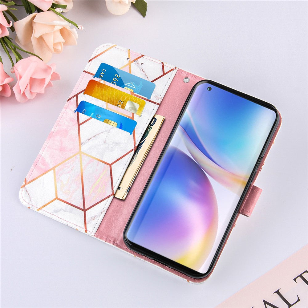 Läderfodral med stativ i marmormönster till OnePlus 9 Pro