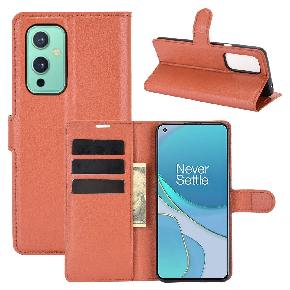 Plånboksdesign med litchitextur i läder för mobilstativ till OnePlus 9 (EU/US-version)