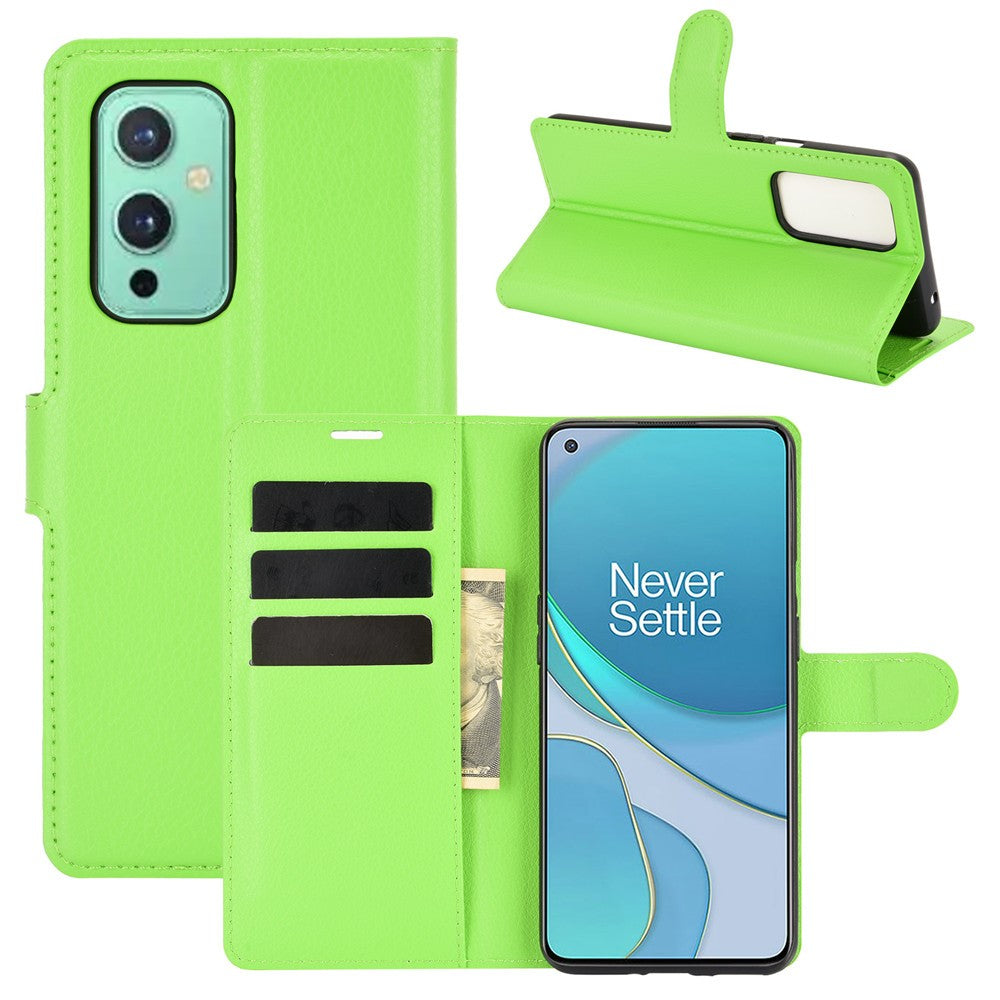 Plånboksdesign med litchitextur i läder för mobilstativ till OnePlus 9 (EU/US-version)