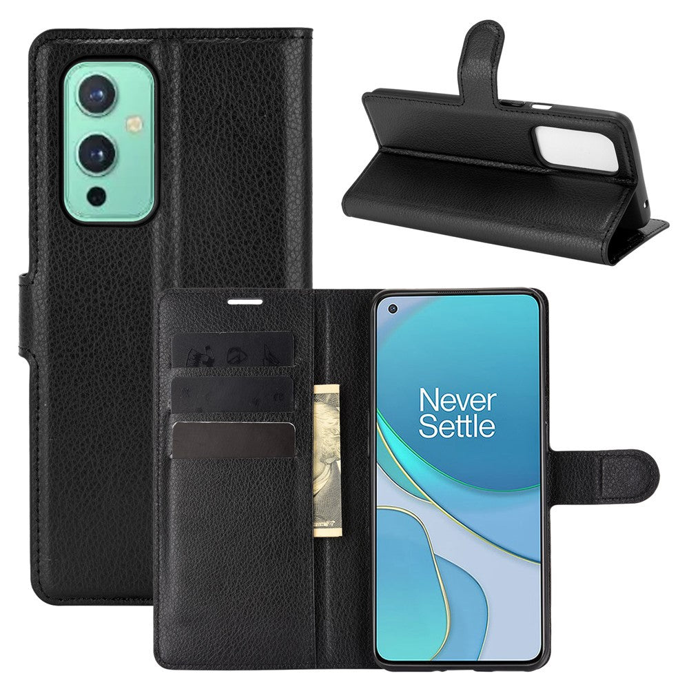 Plånboksdesign med litchitextur i läder för mobilstativ till OnePlus 9 (EU/US-version)