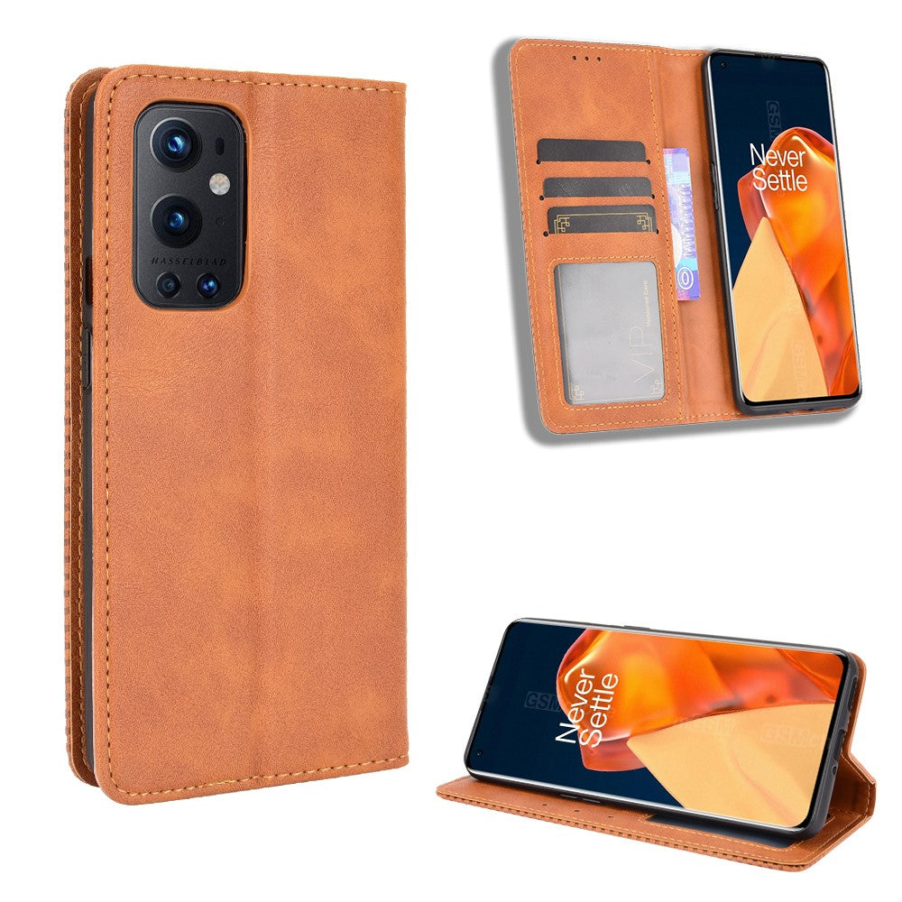Magnetic Clasp Vintage Style TPU + Leather Phone Case Wallet Stand for OnePlus 9 Pro