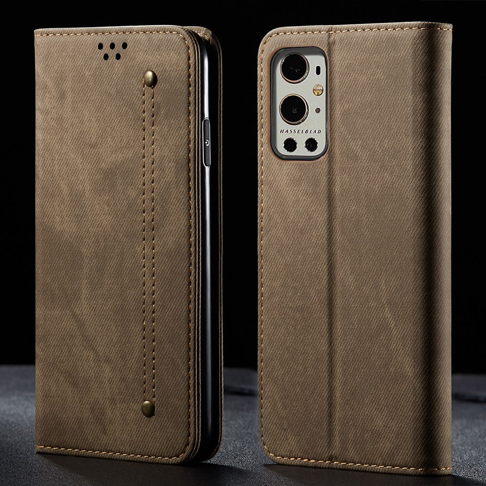 Plånboksfodral i läder med jeanstygstruktur till OnePlus 9 Pro