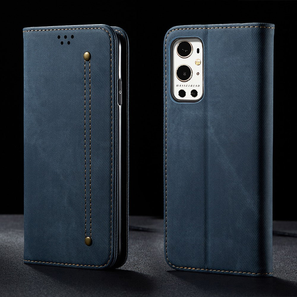 Plånboksfodral i läder med jeanstygstruktur till OnePlus 9 Pro