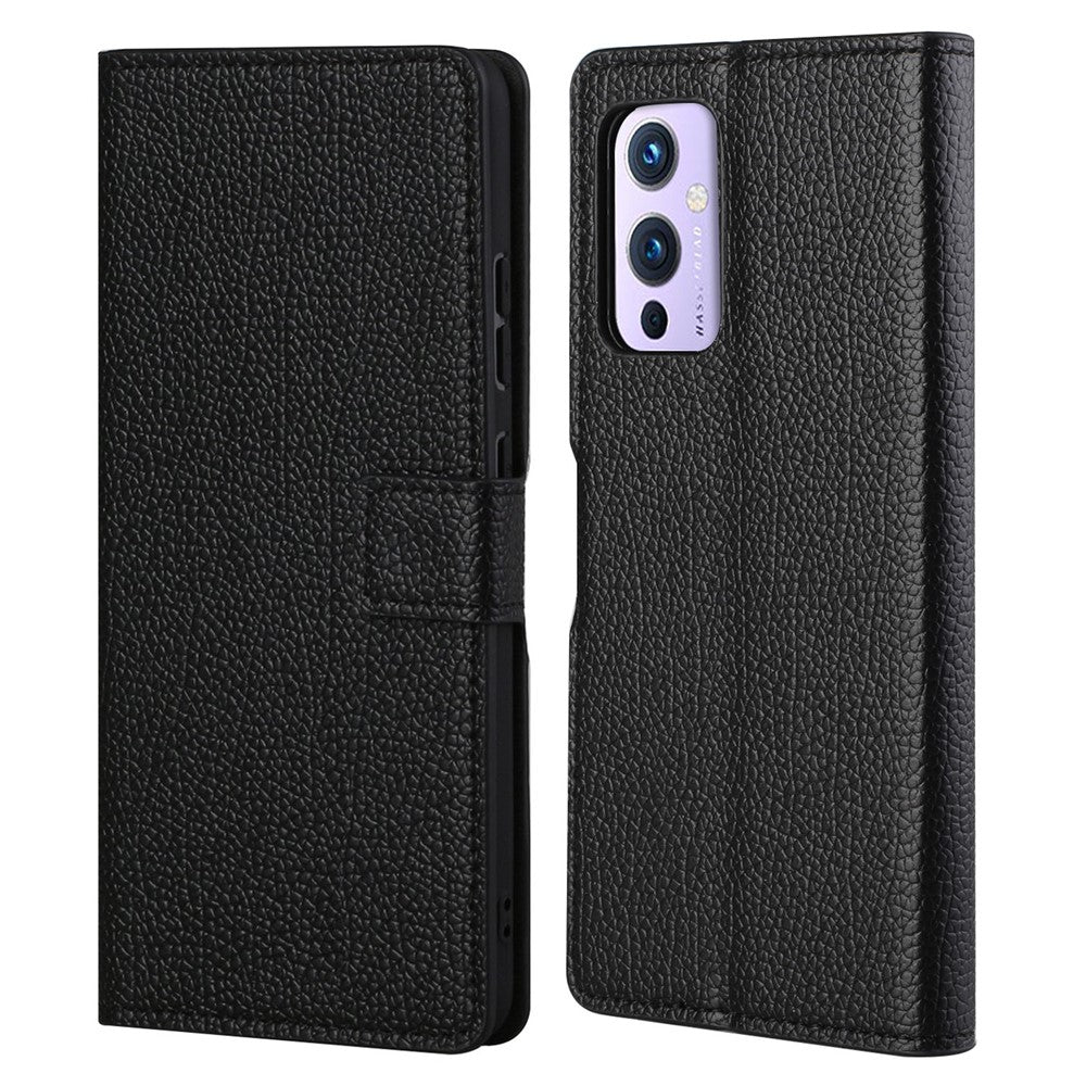 Skyddande läderfodral i litchi-textur till OnePlus 9 Pro med plånboksställ