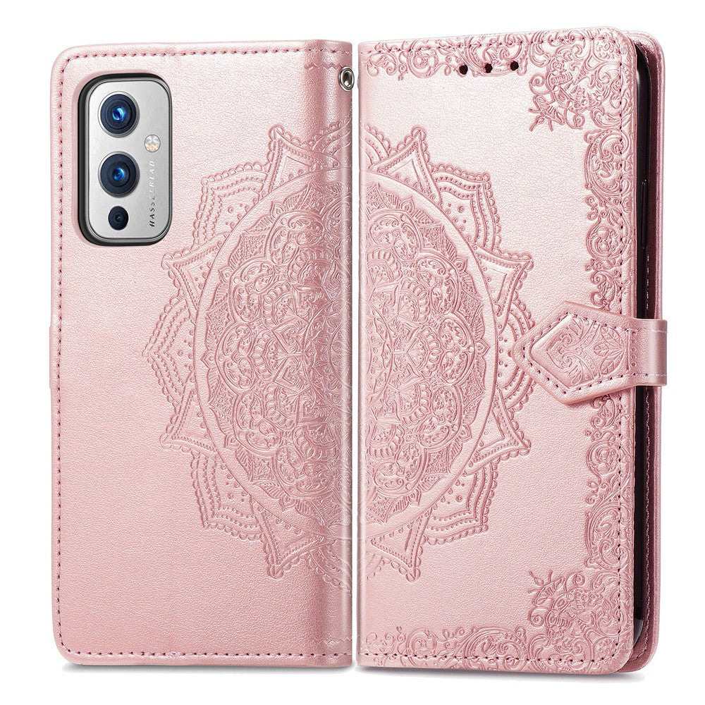 Präglat Mandala Blommor PU Läderfodral Stativplånbok för OnePlus 9 (EU / US Version)