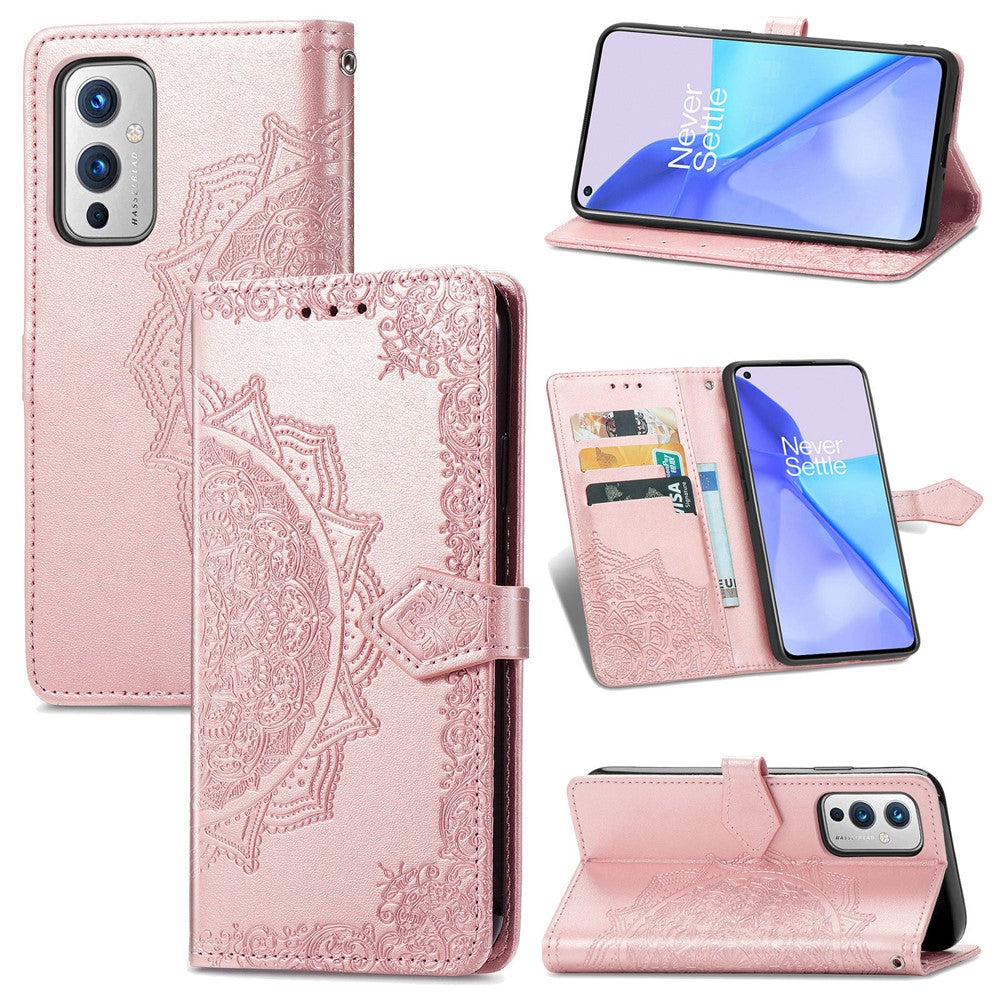 Präglat Mandala Blommor PU Läderfodral Stativplånbok för OnePlus 9 (EU / US Version)