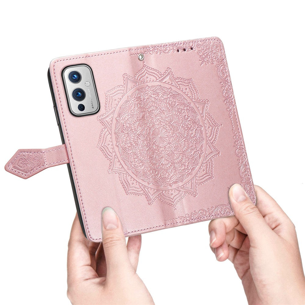 Präglat Mandala Blommor PU Läderfodral Stativplånbok för OnePlus 9 (EU / US Version)