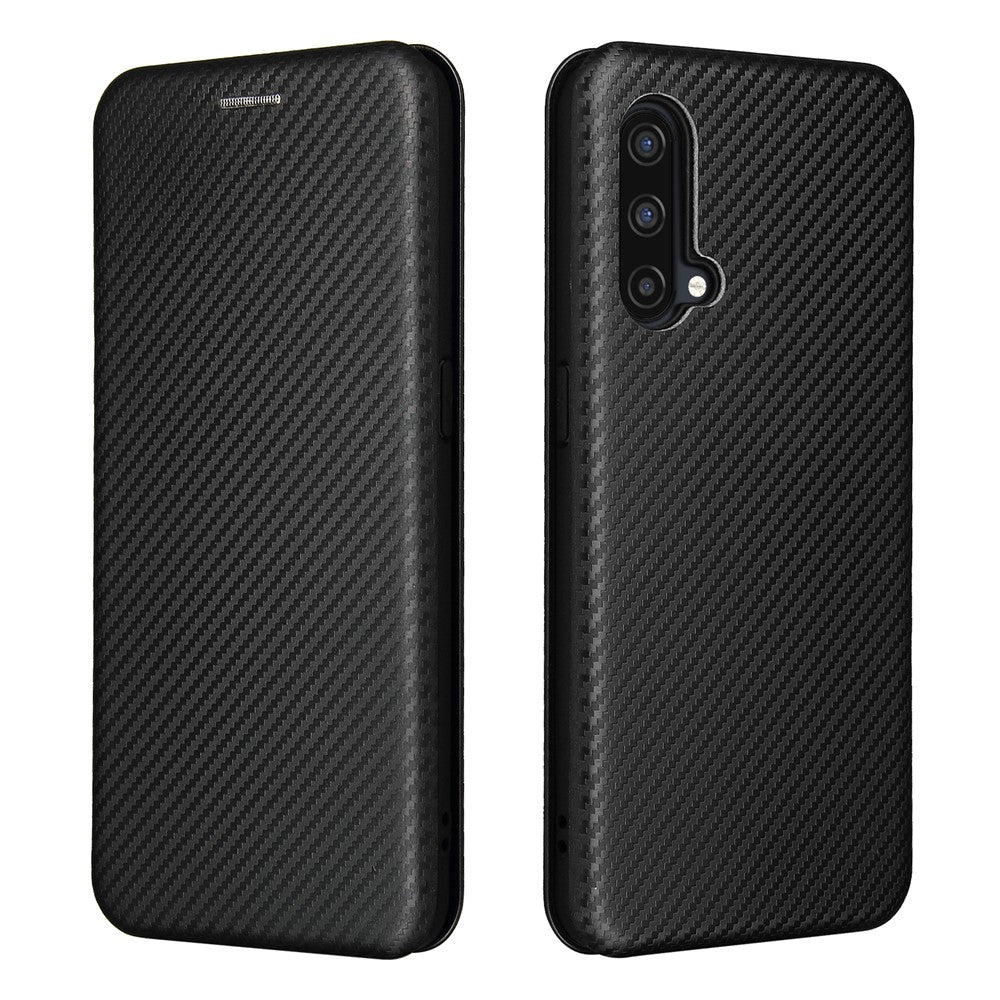 For OnePlus Nord CE 5G Carbon Fiber Texture Automatic Absorption Leather Case with Card Holder and Ring Strap