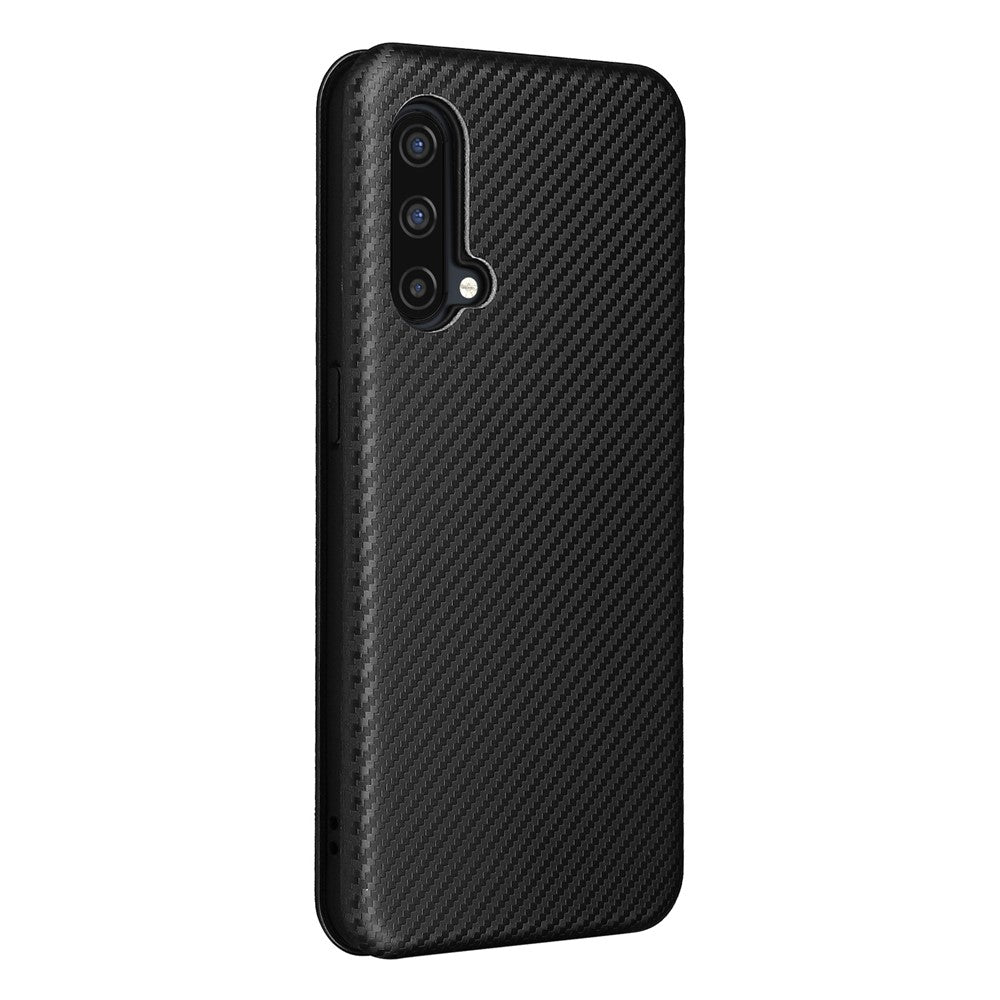 For OnePlus Nord CE 5G Carbon Fiber Texture Automatic Absorption Leather Case with Card Holder and Ring Strap