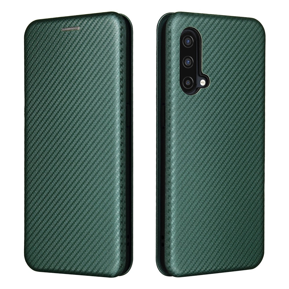 For OnePlus Nord CE 5G Carbon Fiber Texture Automatic Absorption Leather Case with Card Holder and Ring Strap