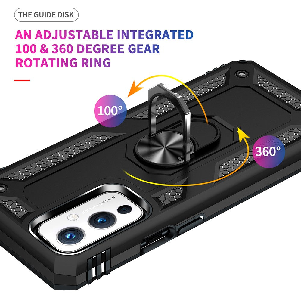 Militärklassad ringformad bilmonteringsstativ hybrid hårt PC mjukt TPU stötsäkert skyddsskal för OnePlus 9 (EU / US-version) / 9 (IN / CN-version)