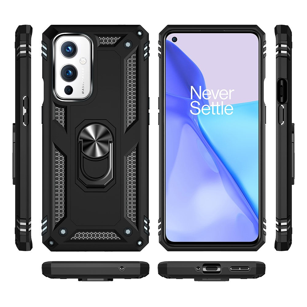 Militärklassad ringformad bilmonteringsstativ hybrid hårt PC mjukt TPU stötsäkert skyddsskal för OnePlus 9 (EU / US-version) / 9 (IN / CN-version)