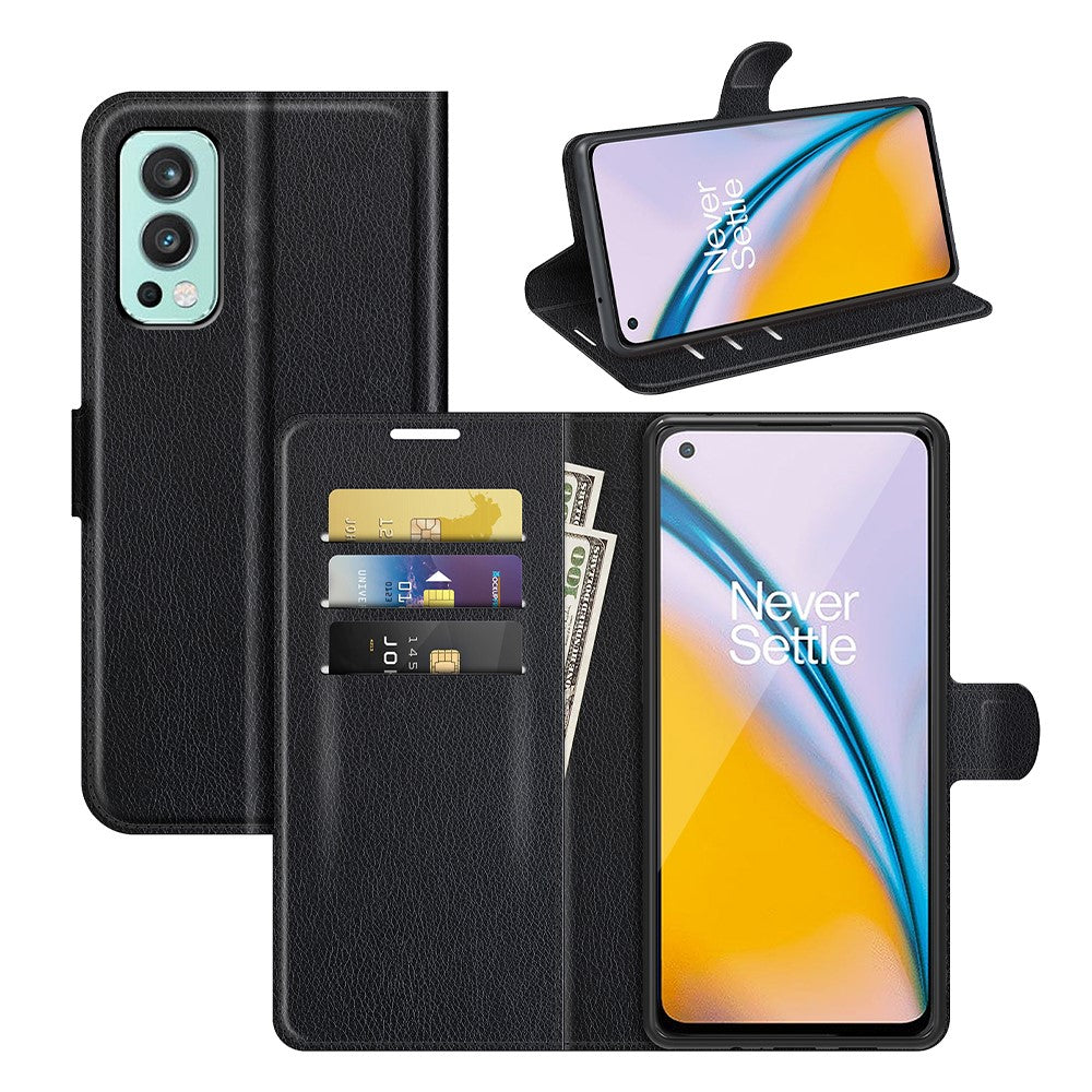 Litchitexturerat horisontellt fällbart PU-läder + TPU-stativ med magnetisk design plånboksfodral till OnePlus Nord 2 5G