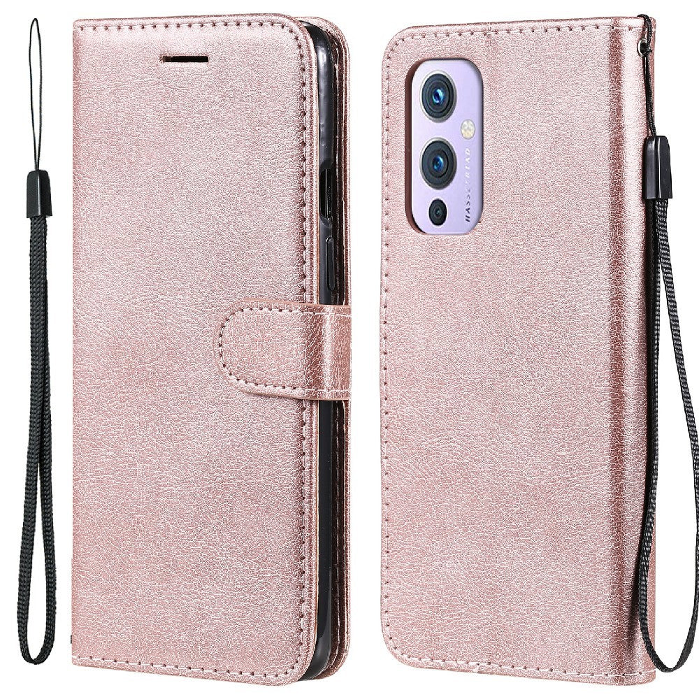 OnePlus 9 (EU / US-version) fodral i enfärgat läder, mobilskal, plånboksfodral med rem