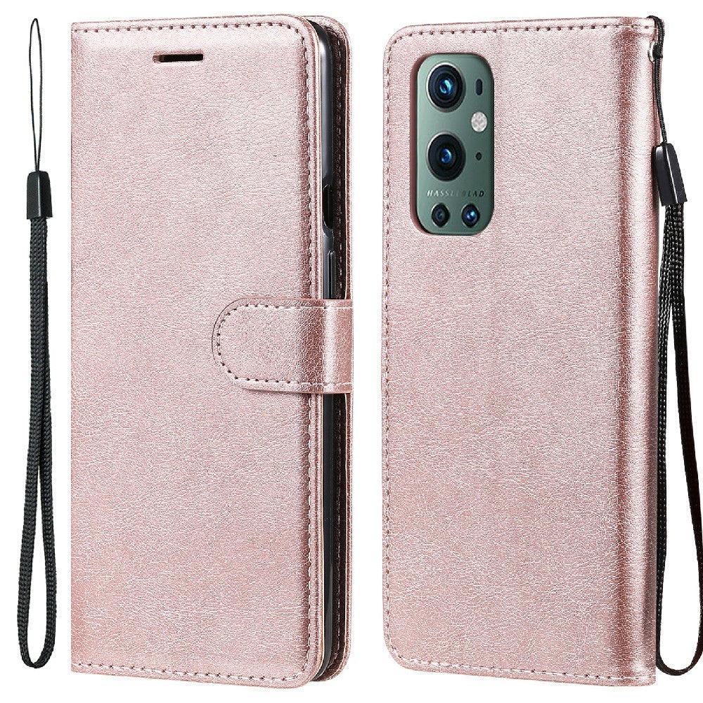 OnePlus 9 Pro-skal i enfärgat läder, mobilskal, plånboksfodral med rem