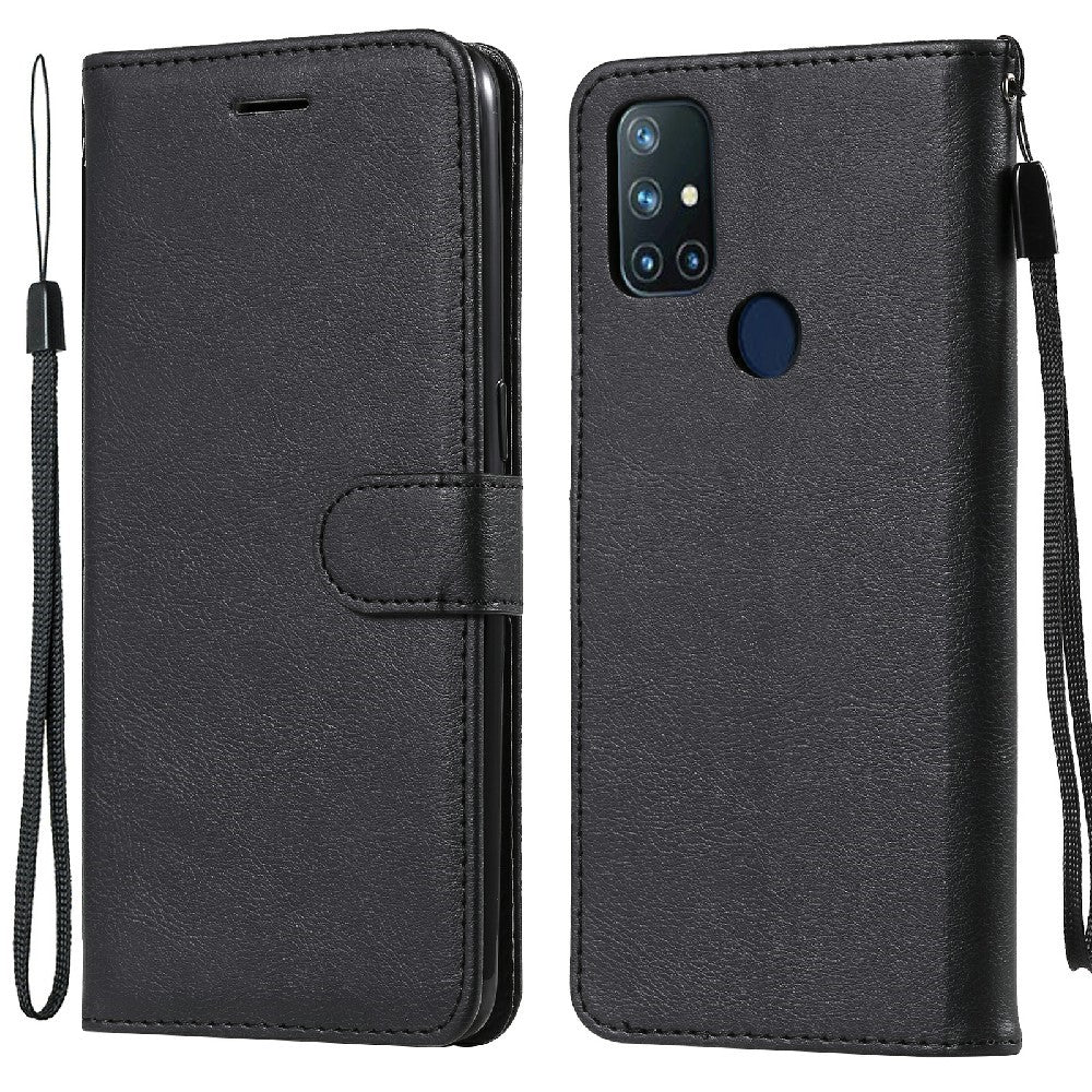 OnePlus Nord N10 5G-skal i enfärgat läder, mobilskal, plånboksfodral med rem