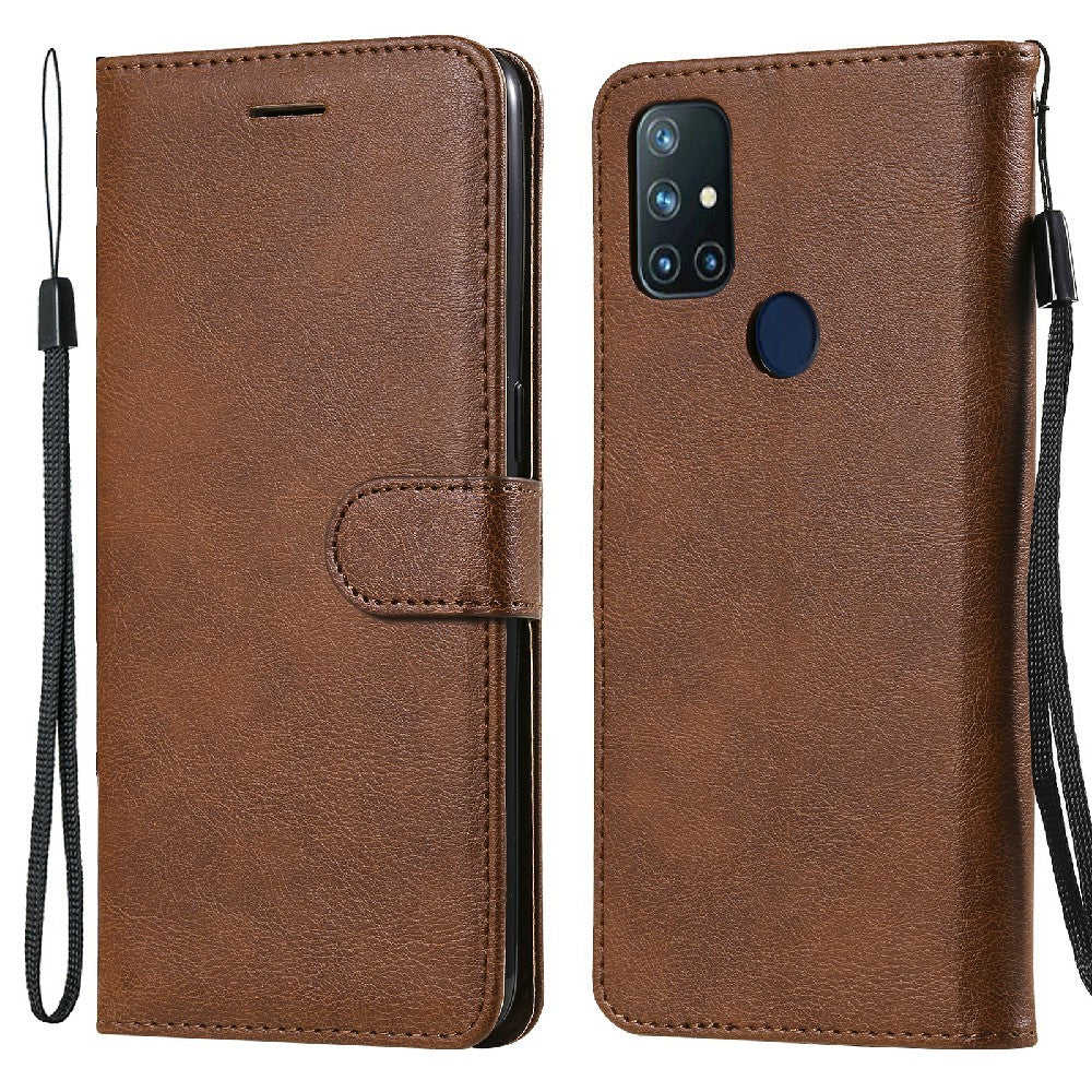 OnePlus Nord N10 5G-skal i enfärgat läder, mobilskal, plånboksfodral med rem
