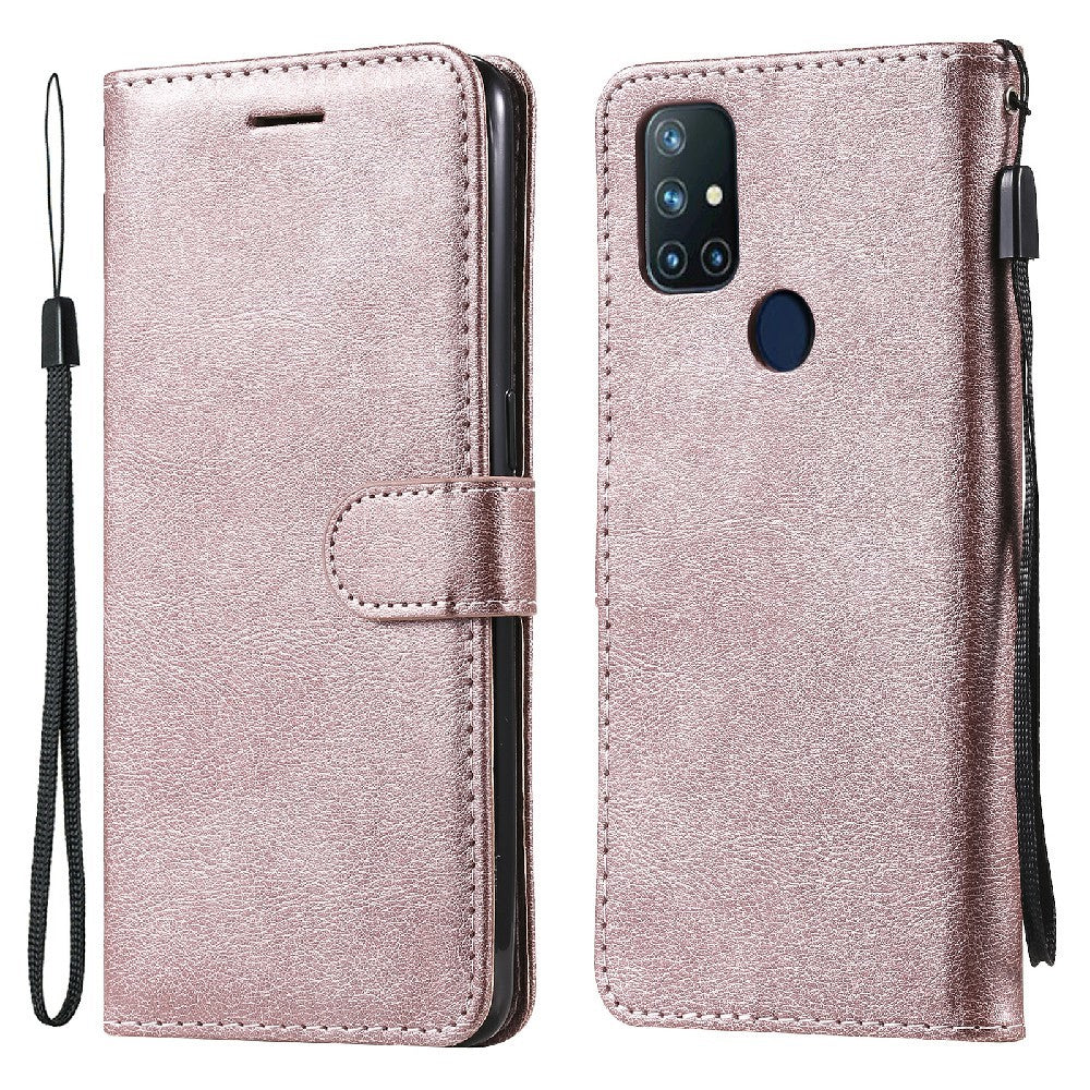 OnePlus Nord N10 5G-skal i enfärgat läder, mobilskal, plånboksfodral med rem