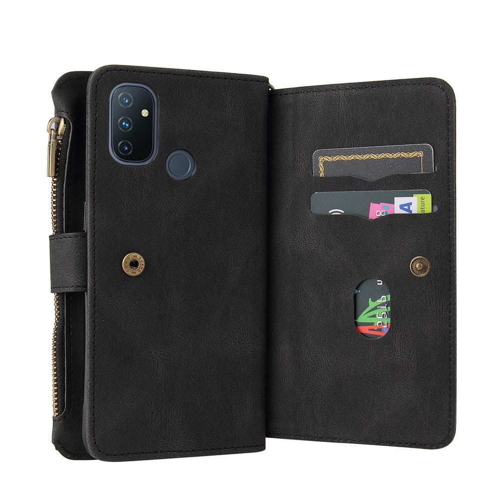 OnePlus Nord N100 5G Plånboksfodral med dragkedja, 15 kortfack och rem i läder