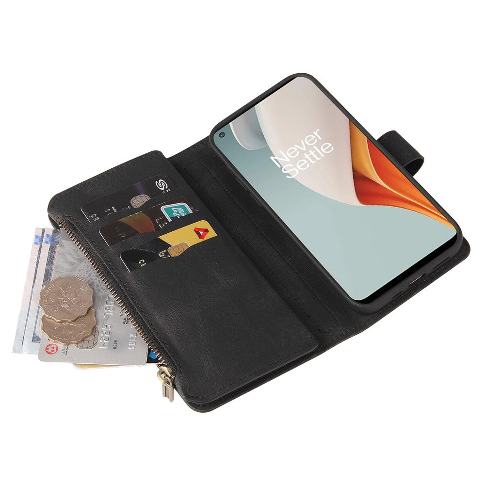 OnePlus Nord N100 5G Plånboksfodral med dragkedja, 15 kortfack och rem i läder