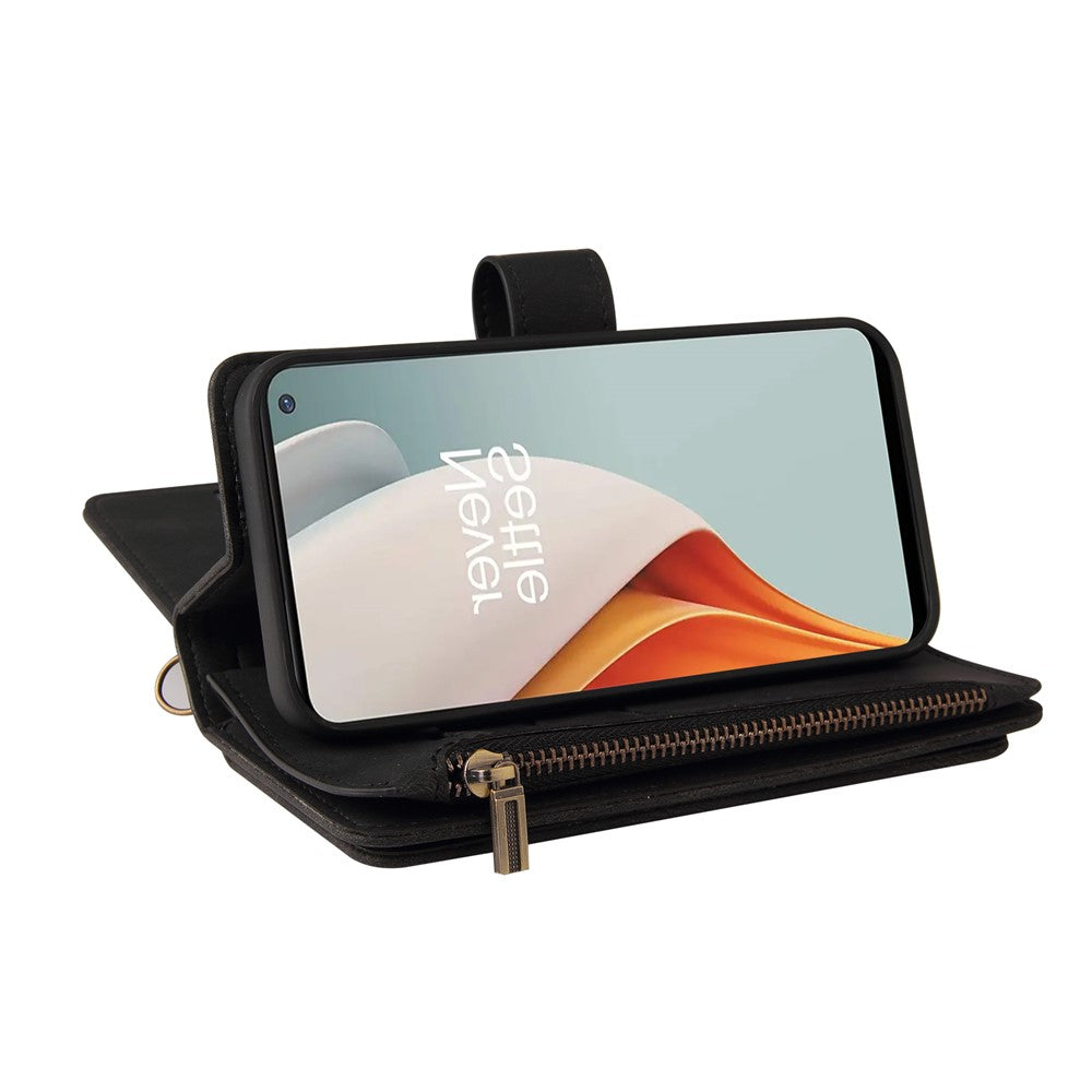 OnePlus Nord N100 5G Plånboksfodral med dragkedja, 15 kortfack och rem i läder