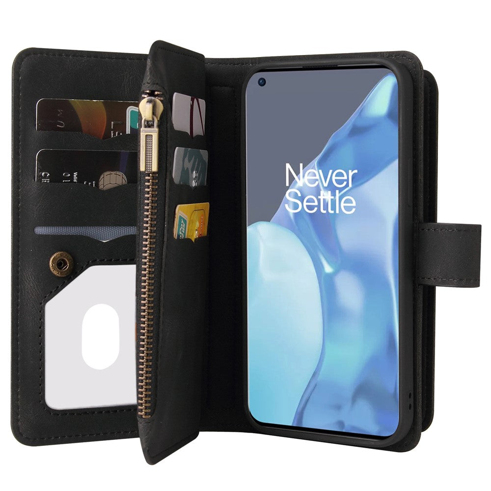 OnePlus 9 Pro Plånboksfodral med dragkedja, 15 kortfack och rem i läder