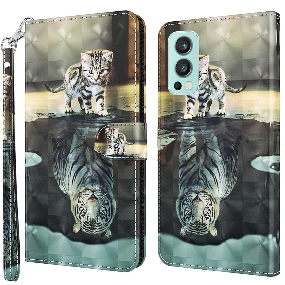 3D Pattern Printing Scratch-resistant Phone Cover PU Leather Wallet Stand Phone Case with Strap for OnePlus Nord 2 5G