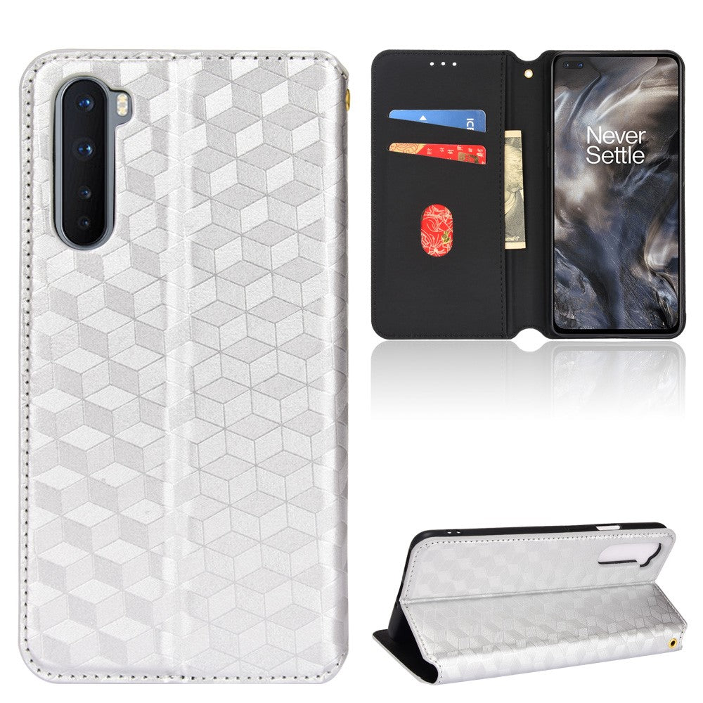 OnePlus Nord Rhombus Präglat PU-läder + TPU mobilskal Stativ Plånbok Skyddande Fodral