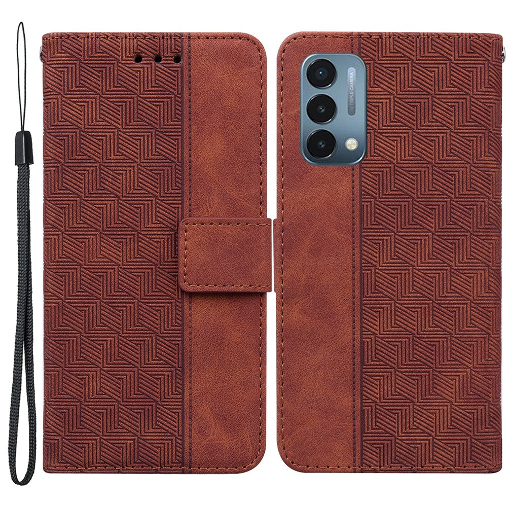 OnePlus Nord N200 5G Präglat geometriskt mönster PU-läder magnetiskt skyddsfodral Vikbart stativ Plånbok Flip Folio-fodral med rem