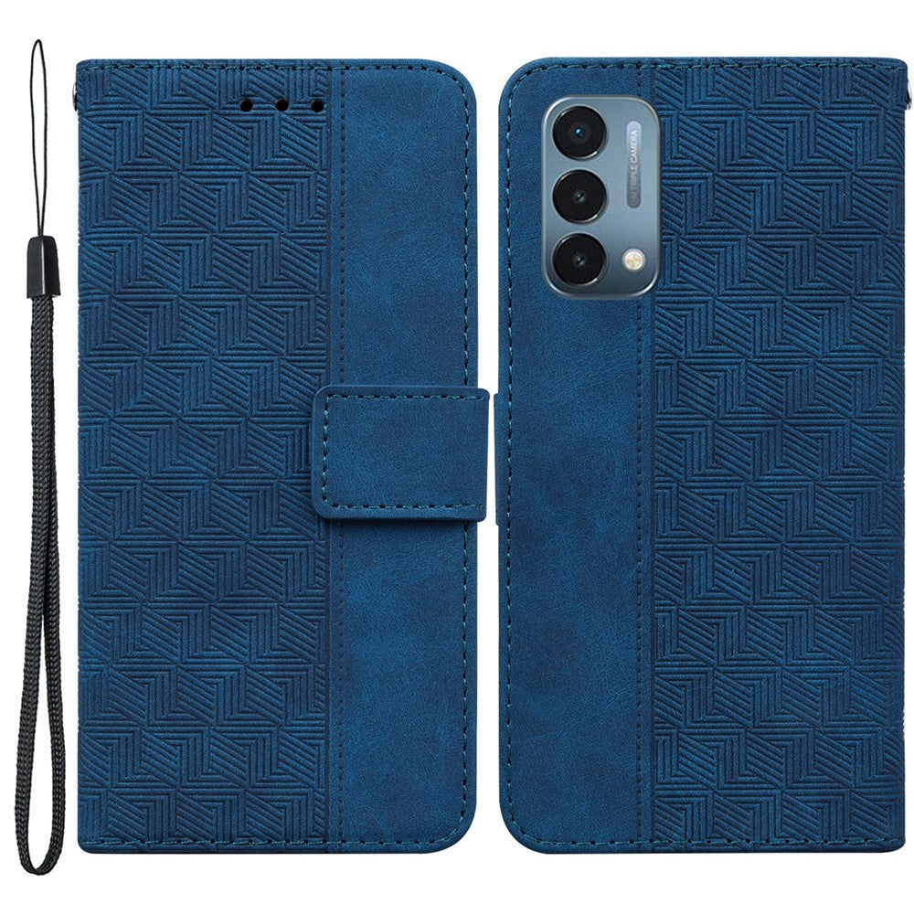 OnePlus Nord N200 5G Präglat geometriskt mönster PU-läder magnetiskt skyddsfodral Vikbart stativ Plånbok Flip Folio-fodral med rem
