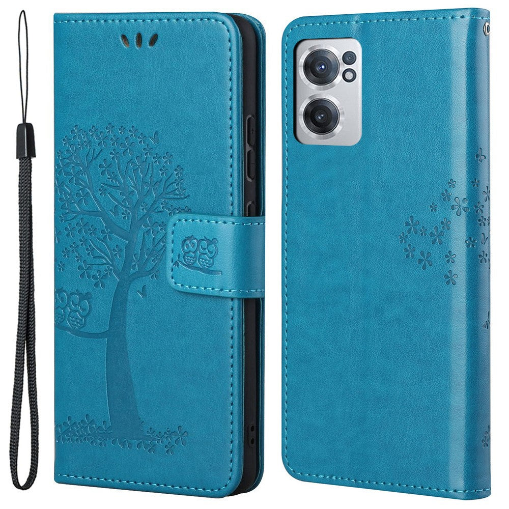 For OnePlus Nord CE 2 5G PU Leather Imprinted Owl Tree Pattern Case Folding Stand Wallet Flip Cover with Strap
