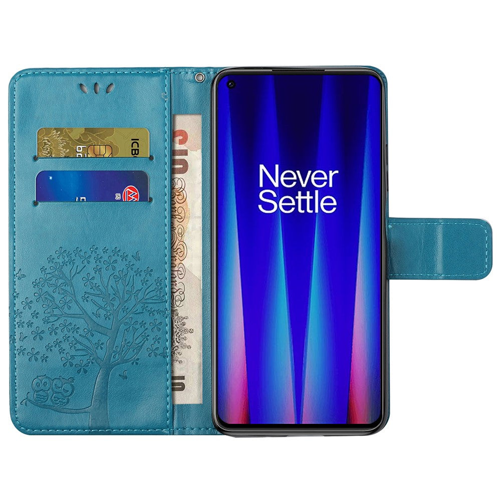 For OnePlus Nord CE 2 5G PU Leather Imprinted Owl Tree Pattern Case Folding Stand Wallet Flip Cover with Strap