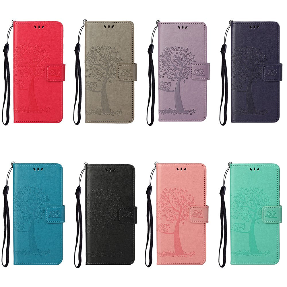 For OnePlus Nord CE 2 5G PU Leather Imprinted Owl Tree Pattern Case Folding Stand Wallet Flip Cover with Strap
