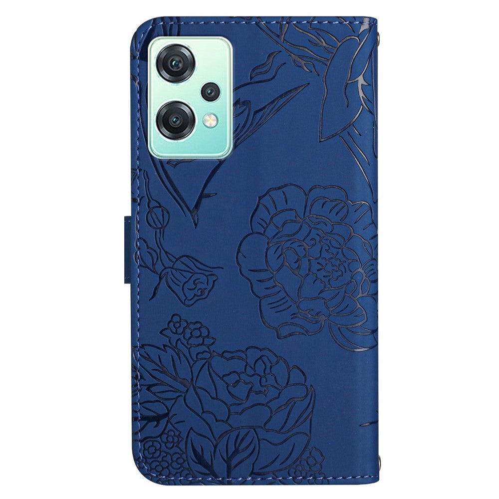 OnePlus Nord CE 2 Lite 5G / Realme 9 Pro 5G / 9 5G / V25 pung-etui med præget sommerfugleblomstermønster i PU-læder, håndledsrem, pung-etui-funktion, flip-etui