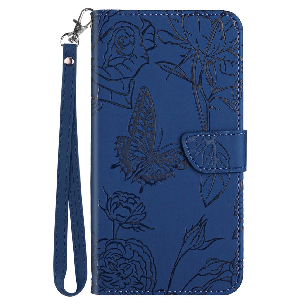 OnePlus Nord CE 2 Lite 5G / Realme 9 Pro 5G / 9 5G / V25 pung-etui med præget sommerfugleblomstermønster i PU-læder, håndledsrem, pung-etui-funktion, flip-etui