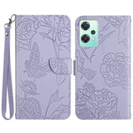 OnePlus Nord CE 2 Lite 5G / Realme 9 Pro 5G / 9 5G / V25 pung-etui med præget sommerfugleblomstermønster i PU-læder, håndledsrem, pung-etui-funktion, flip-etui