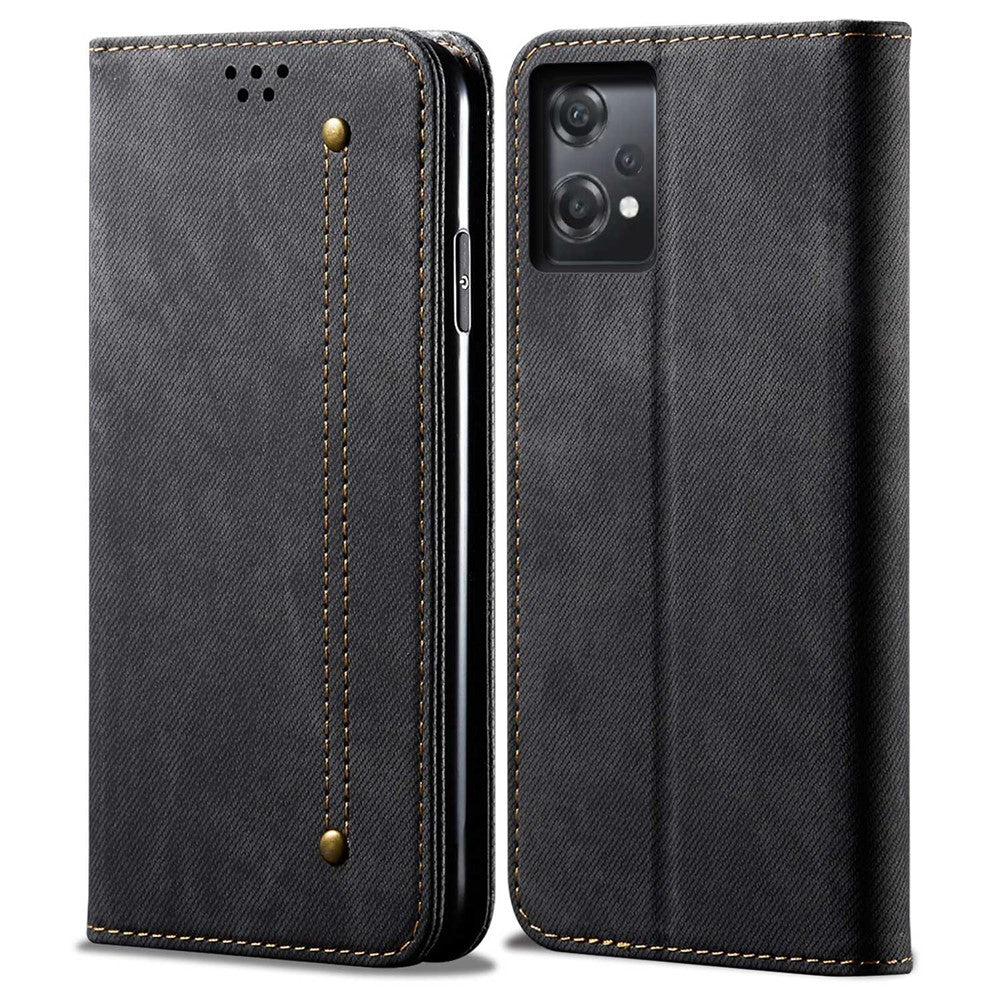 For OnePlus Nord CE 2 Lite 5G Wear-resistant Jeans Cloth Texture Magnetic Suction Case PU Leather Anti-drop Wallet Style Cover with Stand
