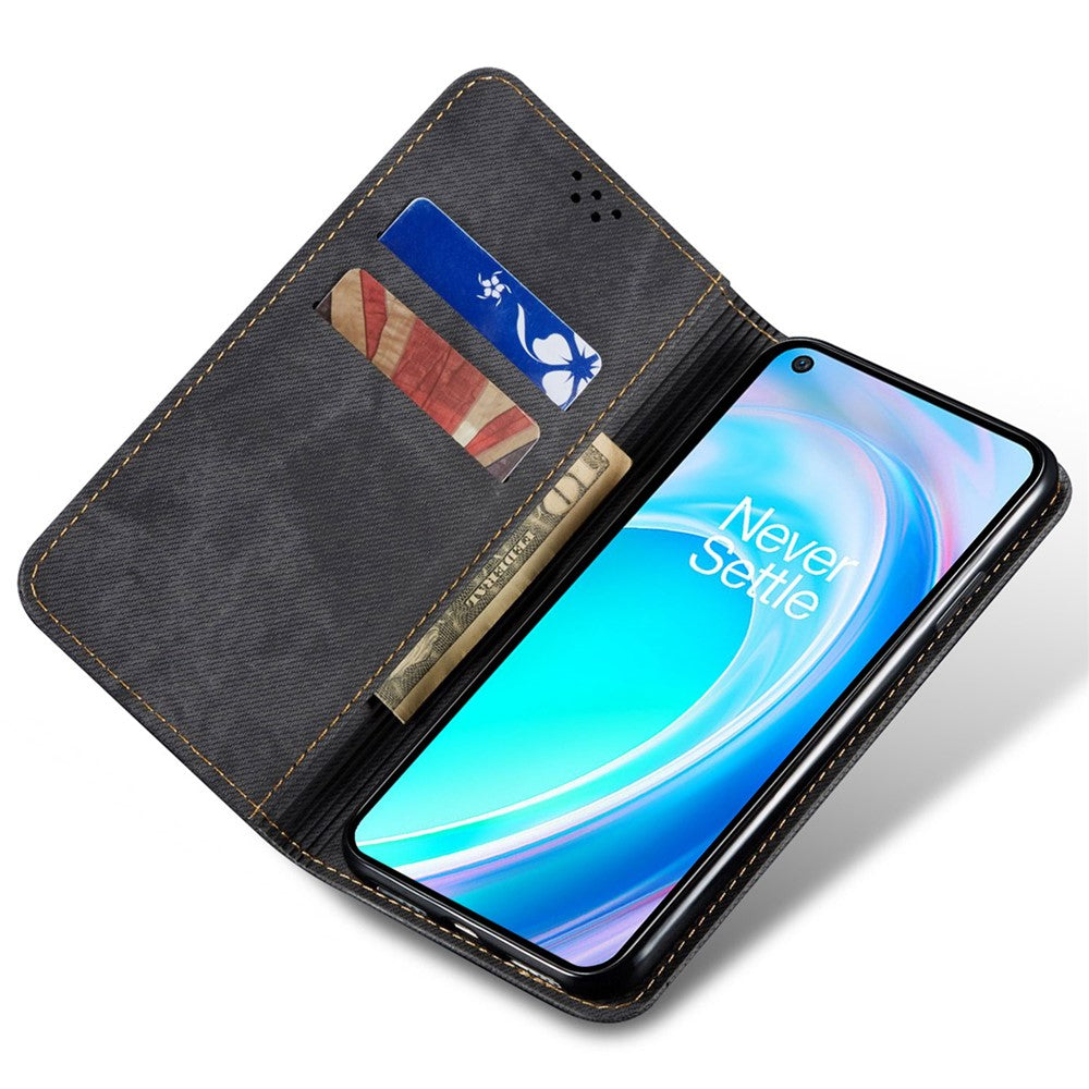Til OnePlus Nord CE 2 Lite 5G Slidstærk Jeans Stof Tekstur Magnetisk Sugecover PU Læder Anti-fald Pung Stil Etui med Stativ