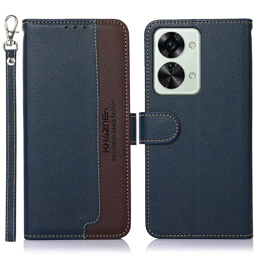 KHAZNEH RFID Blocking Litchi Texture PU Leather Case for OnePlus Nord 2T 5G, Wallet Phone Stand Case with Handy Strap