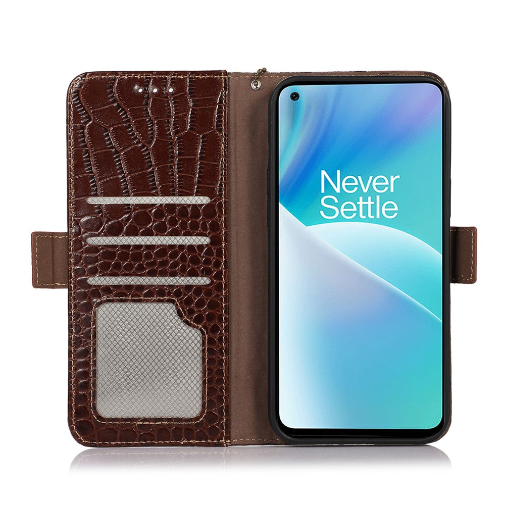 Til OnePlus Nord 2T 5G Ægte Koskind Læder Folio Flip Cover Skal Krokodille Tekstur RFID Blokerende Stativ Magnetisk Lukning Pung Etui