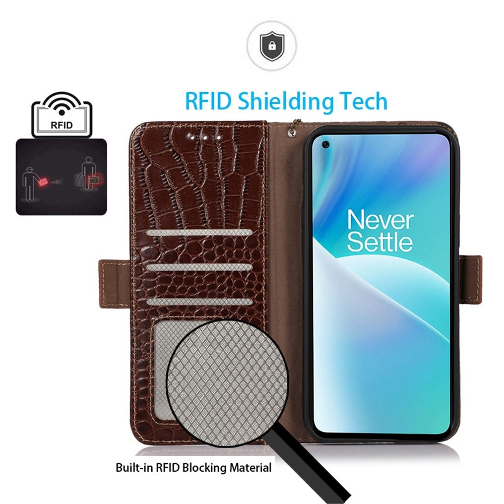 Til OnePlus Nord 2T 5G Ægte Koskind Læder Folio Flip Cover Skal Krokodille Tekstur RFID Blokerende Stativ Magnetisk Lukning Pung Etui